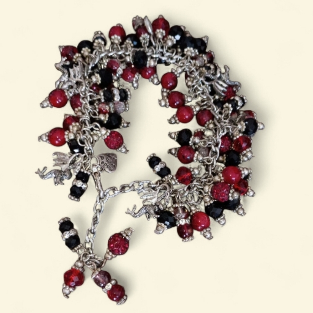 Silver Dragon Goth Charm Bracelet with Red and Black Beads